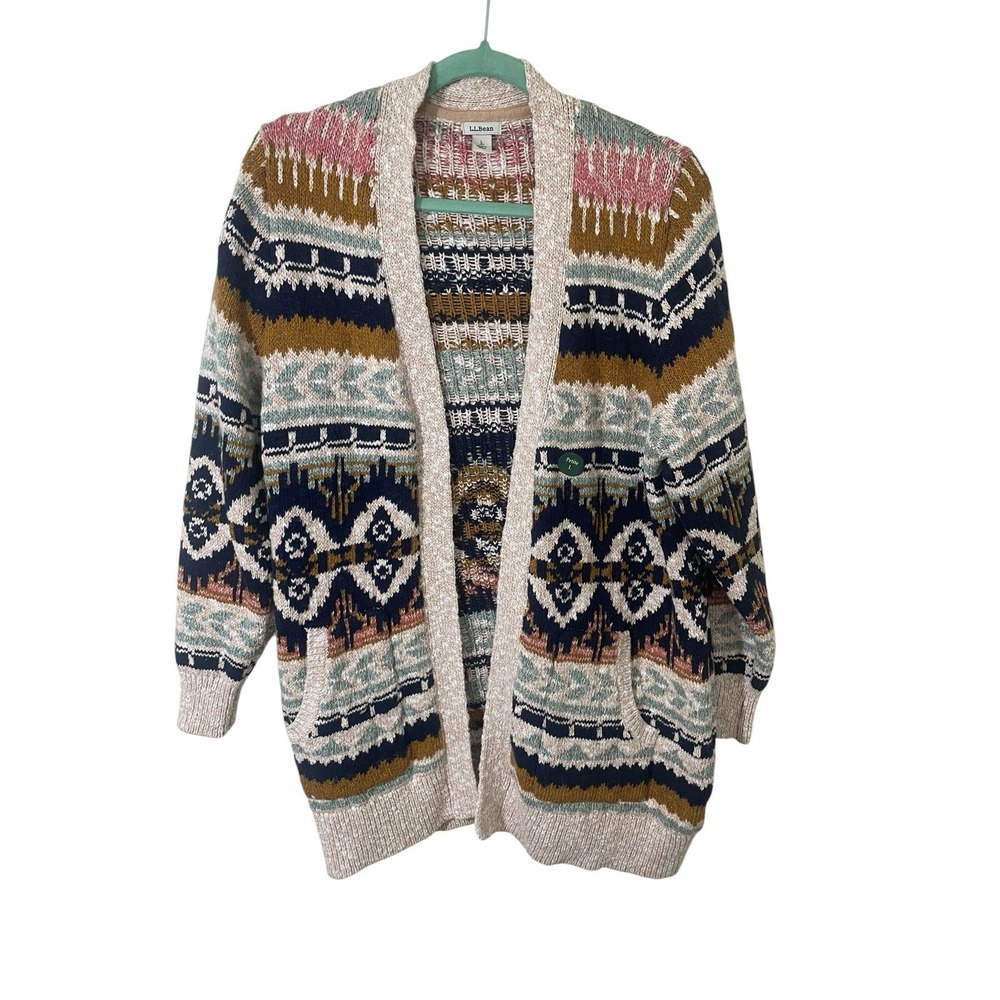 LL Bean Womens Fair Isle Cotton Ragg Open Front Cardigan Lg Petite Boho Aztec
